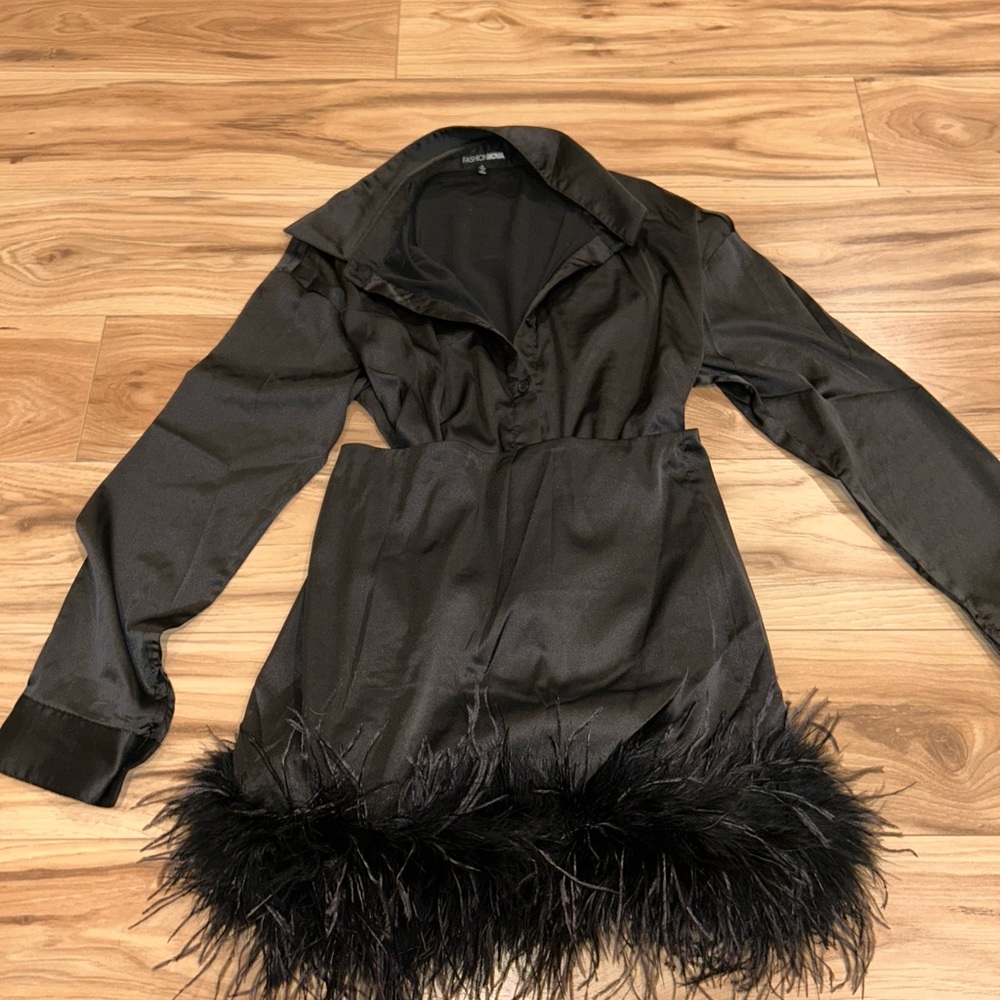 Chic Black Feather Trim Dress FASHIONNOVA